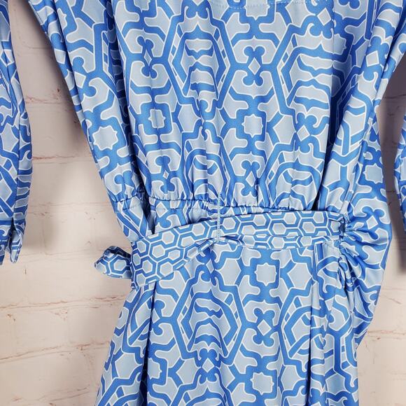 Gretchen Scott Wrap Me Up Dress 3/4 Sleeve Stretch Size M Blue Jersey Geo Print - Picture 5 of 14